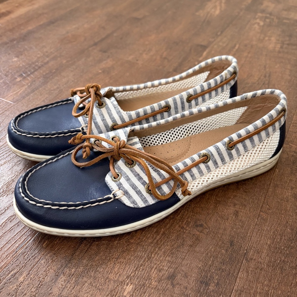 Sperry Navy Blue and White Striped Boat Shoes - Picture 2 of 8